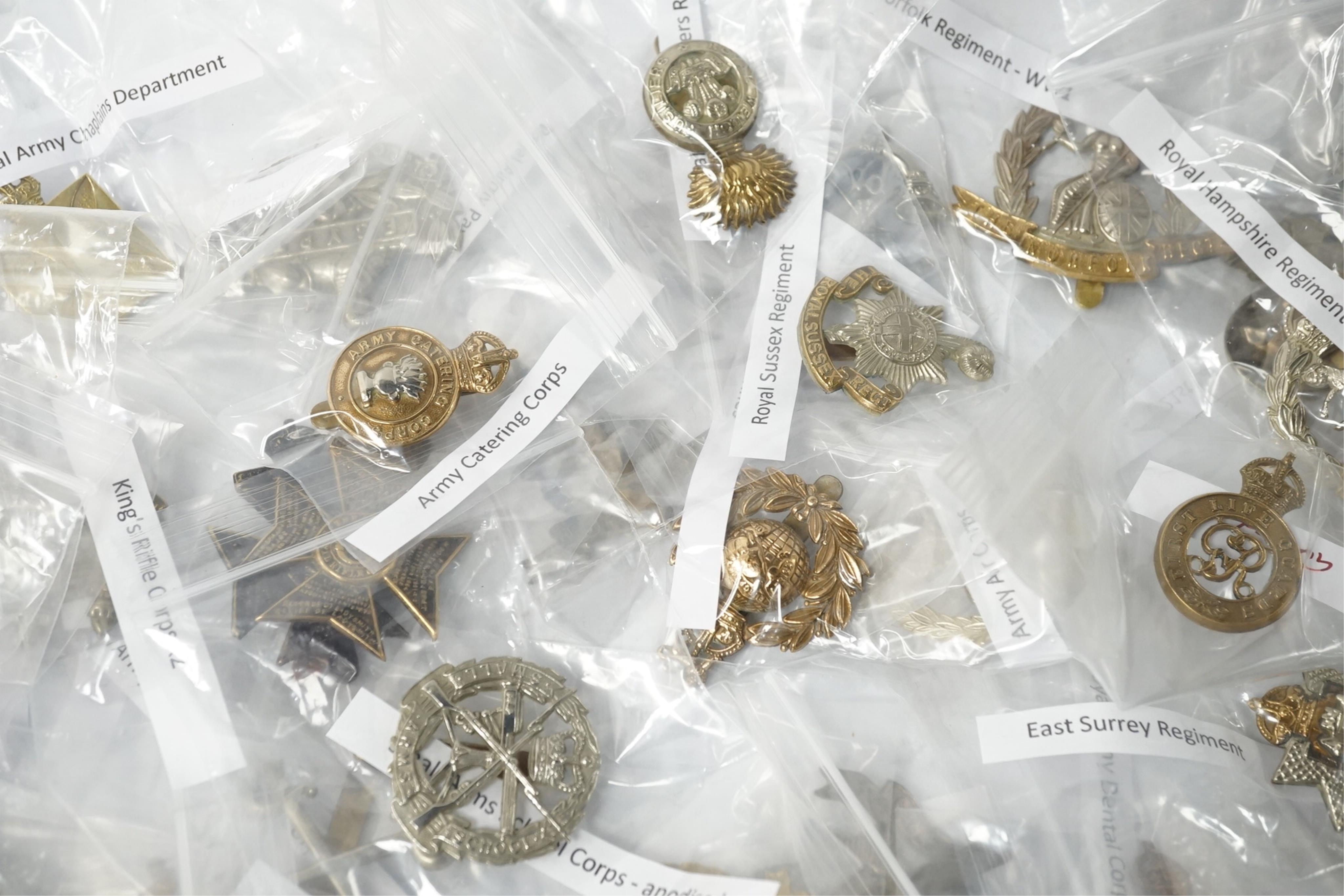 Fifty military cap badges, including; the Duke of Lancaster’s Own regiment, the Blues and Royals, Glider Pilot regiment, Sherwood Foresters regiment, Leicestershire regiment, Royal West Kent regiment, Inns of Court regim
